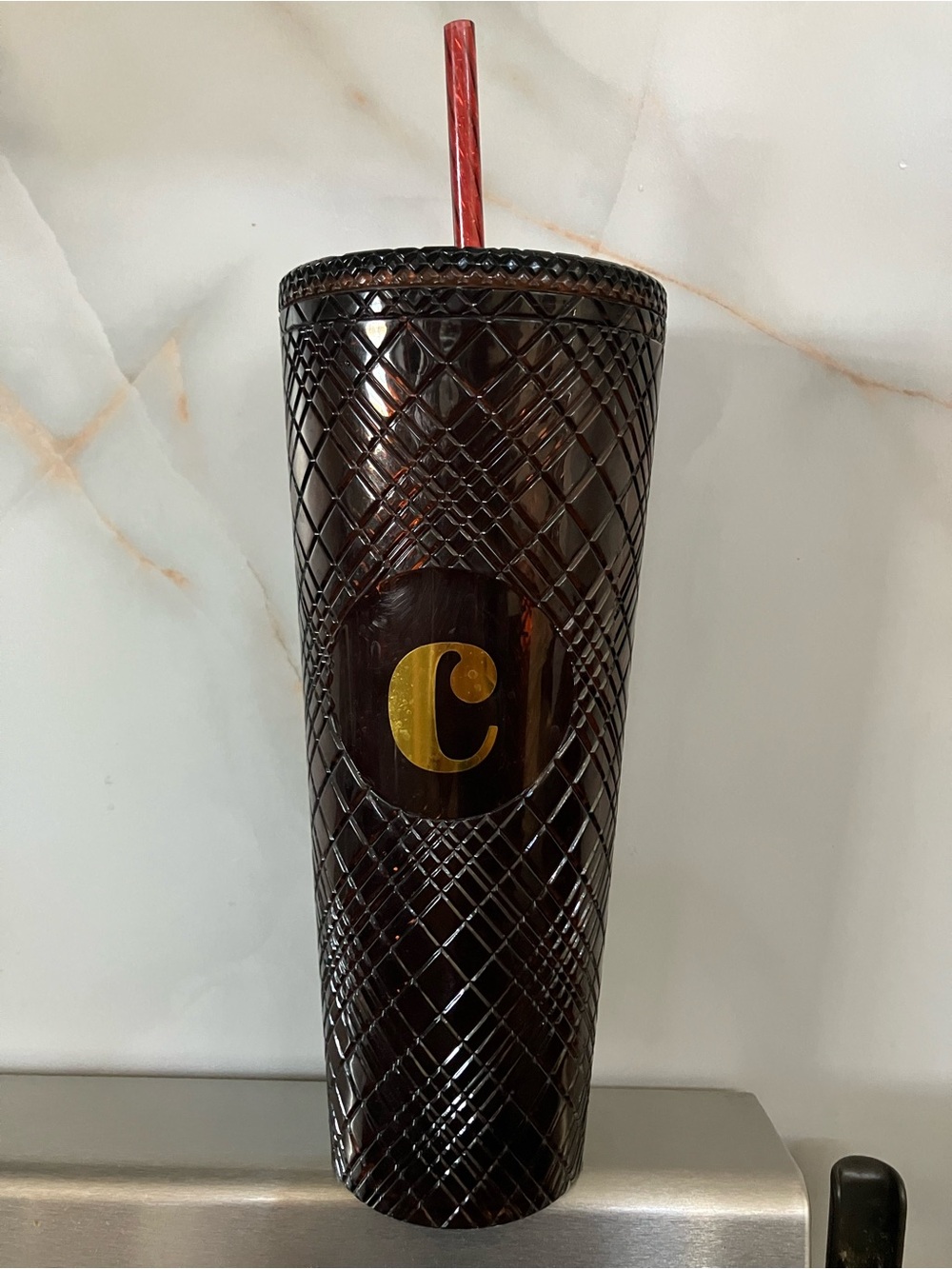 “Starbucks” like Dark Amber Textured Tumbler with Gold Monogram and Red Straw